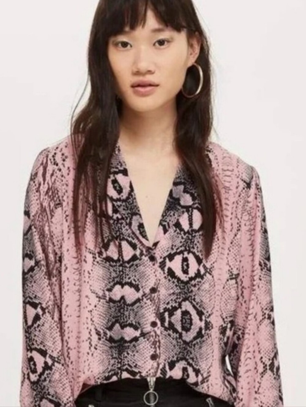 Topshop Pink Snake-Print V-Neck Button Blouse Size 2